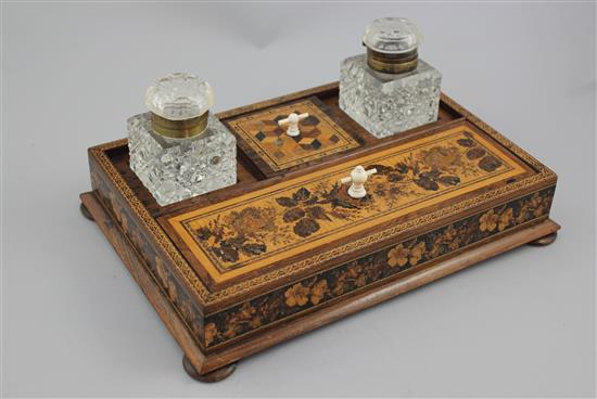 A Tunbridge ware rosewood floral mosaic and perspective cube inkstand, 10.5in.